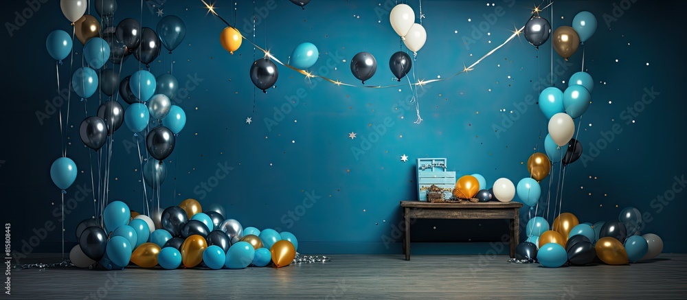 Poster various decorations for a party set against a blue backdrop with ample space for adding images