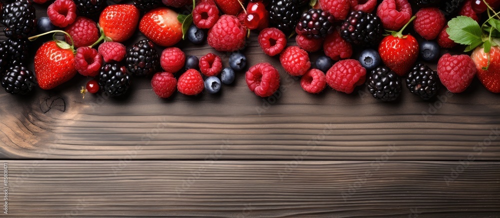 Aufkleber wooden table with a variety of ripe berries arranged in a flat lay ample copy space available for te