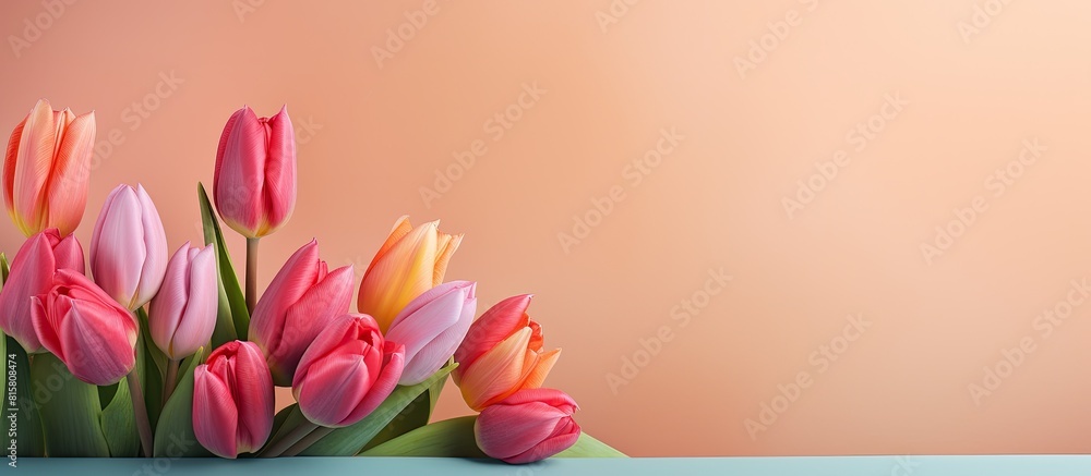 Poster a copy space image of vibrant tulips arranged on a textured colored paper backdrop