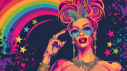 Illustrated drag queen with neon rainbow backdrop