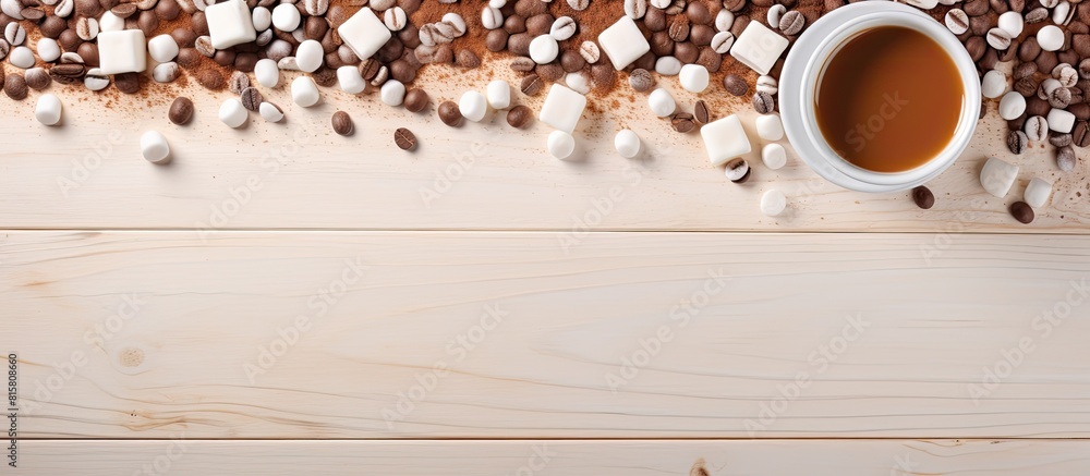 Poster view from the top of a white wooden table with a copy space image showing hot chocolate topped with 