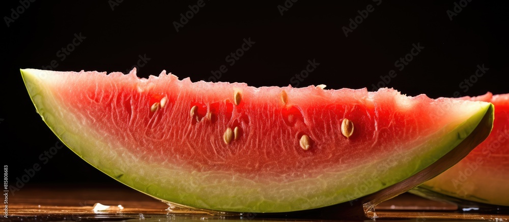 Poster macro view of a fresh and juicy watermelon piece on a brown background with ample copy space for ima