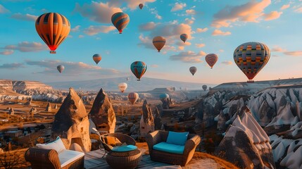 A photo of hot air balloons floating over the Cappadocia region in Turkey, with its unique rock formations and vibrant colors.
