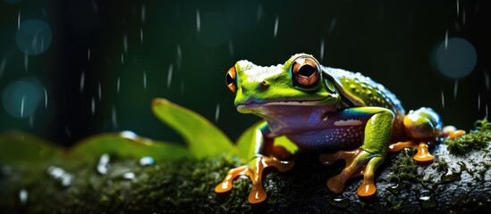 A vibrant tree frog perched on a leaf illuminated by the gentle raindrops creating a mesmerizing copy space image