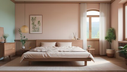 A bedroom with a white bed, a window, and a plant. The room is decorated in a light pink color