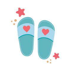 Flip flops icon with starfishes. Cute colorful shoes for summer design. Beach vacation concept. Vector cartoon illustration isolated on white. Flat design.