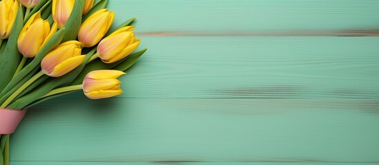 A wooden mint background serves as the setting for a bright and cheerful bouquet of yellow tulips created for special occasions like birthdays weddings Mother s Day and International Women s Day The