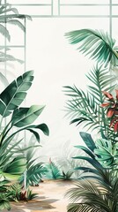 Lush greenhouse illustration depicting a serene tropical environment, perfect for relaxation and botanical study