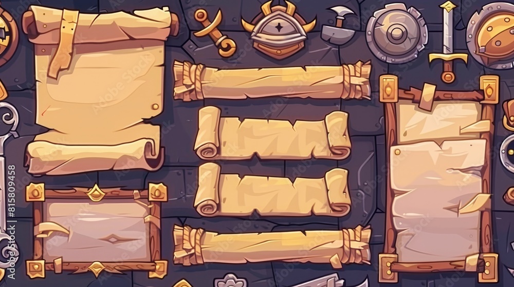 Poster this set of game stone frames and bars includes ui scrolls, board with antique parchment and menu bu