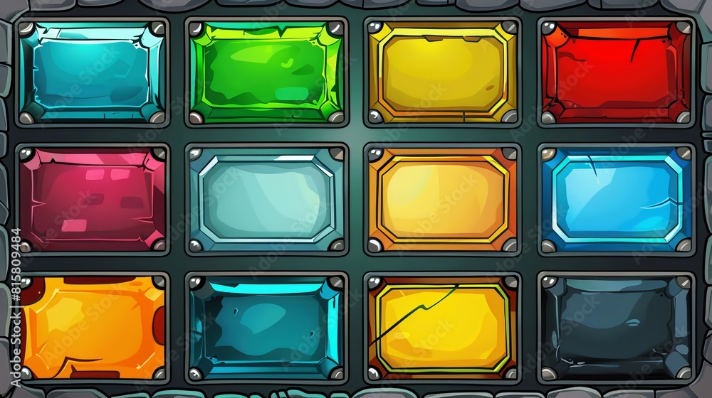 Poster ui for game stone frames, bars, user interface scrolls, boards with antique parchments and menu butt