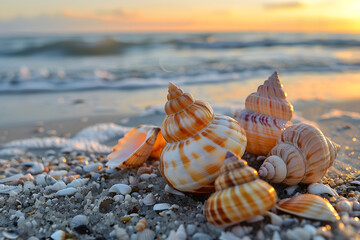 Seashells on beach at sunset