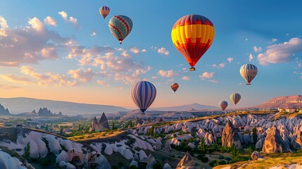 A photo of hot air balloons floating over the Cappadocia region in Turkey, with its unique rock formations and vibrant colors.
