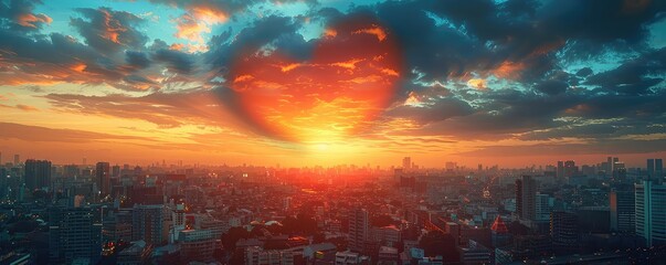 Obraz premium Vibrant heart cloud above a bustling cityscape, contrasting themes, wide angle with copy space at the top