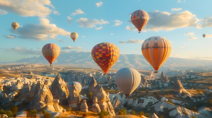 Obraz premium A photo of hot air balloons floating over the Cappadocia region in Turkey, with its unique rock formations and vibrant colors. 
