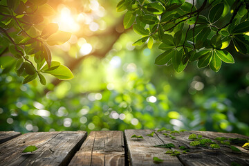 Sunlight piercing through lush foliage onto wooden table