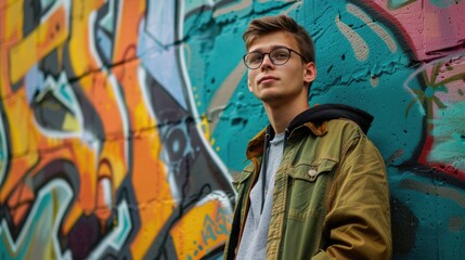 Fashionable young man standing confidently against a colorful graffiti wall.