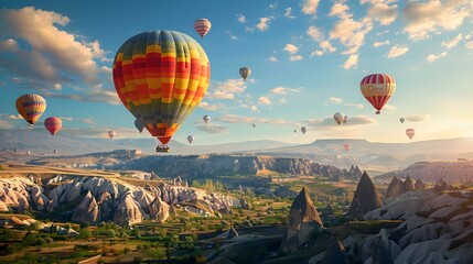 A photo of hot air balloons floating over the Cappadocia region in Turkey, with its unique rock formations and vibrant colors.
