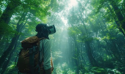 Virtual reality experience of walking through lifes stages, interactive wisdom lessons, vibrant colors, side angle