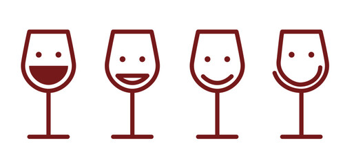 Laughing wine glasses with happy smile face. Cartoon drawing red glass for alcohol. Friends or friendship to cheers. Dry january, no wine day. 