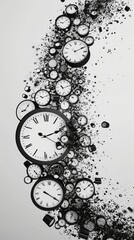 black and white digital art piece, curved pipe filled with clocks, symbolizing the concept that time is flowing into our lives