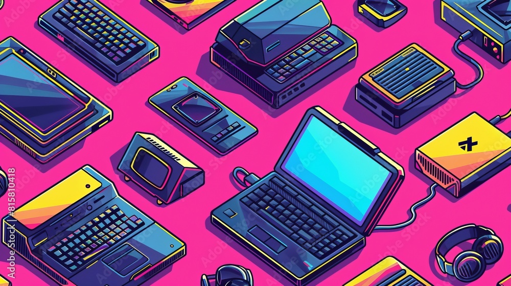 Poster a seamless pattern with an isometric modern laptop and vintage computer on a pink background. techno