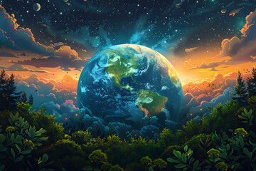 A vibrant blue and green eco Earth globe highlighting themes of environmental world protection, ecological conservation, and the message of "Save the Planet" in celebration of Earth Day