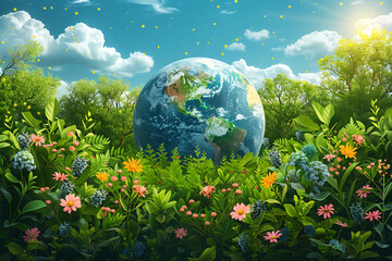 A vibrant blue and green eco Earth globe highlighting themes of environmental world protection, ecological conservation, and the message of "Save the Planet" in celebration of Earth Day