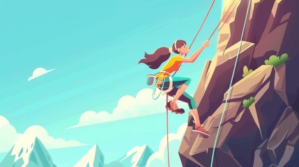 Woman climbs up a mountain in a rock climbing cartoon landing page. Female character in harness living a healthy life and being active, Modern illustration.
