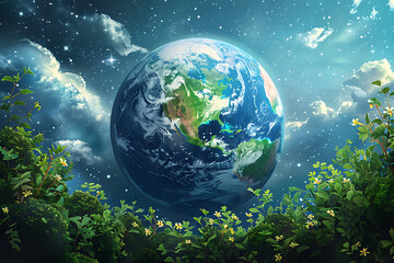 A vibrant blue and green eco Earth globe highlighting themes of environmental world protection, ecological conservation, and the message of "Save the Planet" in celebration of Earth Day