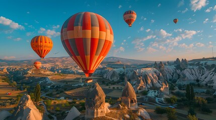 Fototapeta premium A photo of hot air balloons floating over the Cappadocia region in Turkey, with its unique rock formations and vibrant colors. 
