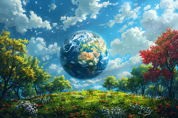 A vibrant blue and green eco Earth globe highlighting themes of environmental world protection, ecological conservation, and the message of "Save the Planet" in celebration of Earth Day