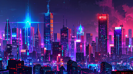 A digital skyline illuminated by the glow of neon signs and holographic advertisements, where skyscrapers reach towards the heavens in a testament to human ingenuity and ambition.