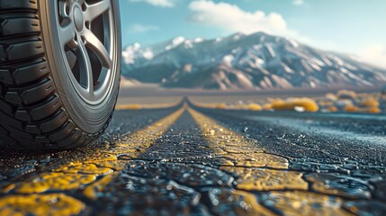 A new tire on the side of an empty road in the desert, with mountains in the background.
 - Powered by Adobe
