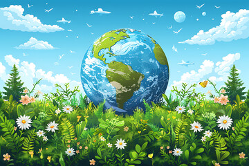 A vibrant blue and green eco Earth globe highlighting themes of environmental world protection, ecological conservation, and the message of "Save the Planet" in celebration of Earth Day