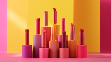Fototapeta premium Assorted shades in a colorful cylindrical lipstick tube setup, designed to cater to every mood and style with confidence