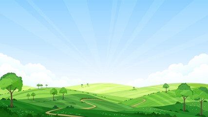 A beautiful rural landscape. The meadows and pastures are covered with green grass, trees and bushes. A path running through the field. Summer sunny day. Blue sky. Vector illustration. © i_mARTy