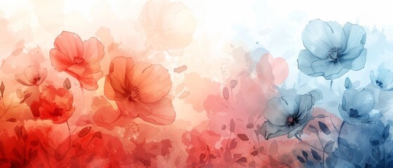 Abstract watercolor painting. Delicate red and blue flowers on a white background.
