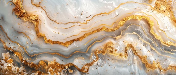Abstract white and gold marble texture with detailed veins.