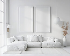 Mock up two poster frames on the wall in living room interior, white frames, white couch, minimalist modern interior with 3d illustration