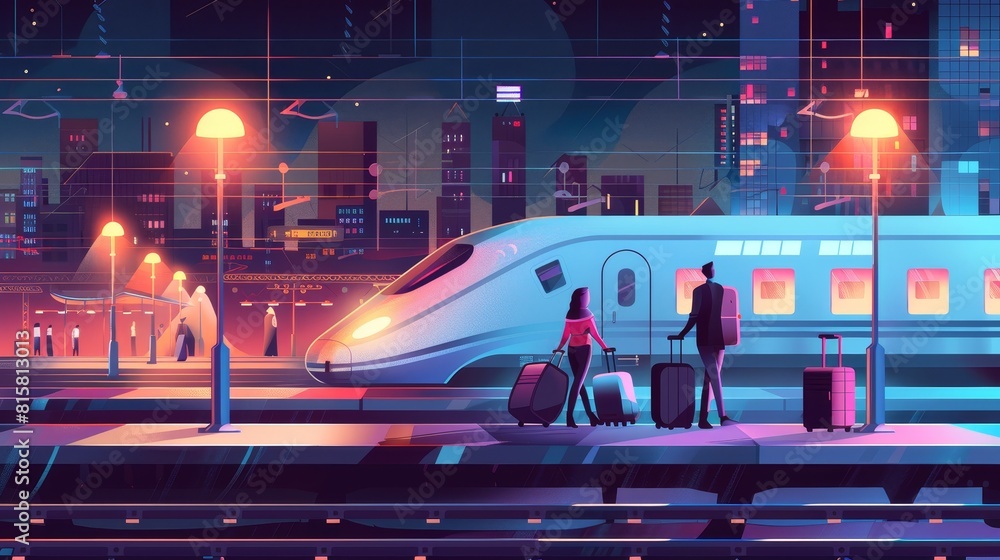 Poster in an electric lamp light, a speed train is on rails with passengers with suitcases on the platform 