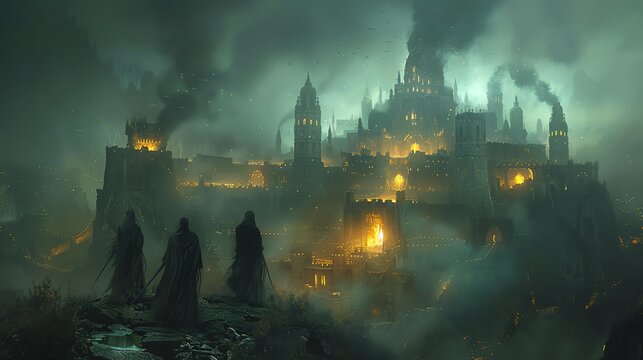 Cinematic Matte Painting Of A Dark Fantasy City With A River In The Foreground And A Large Castle In The Background