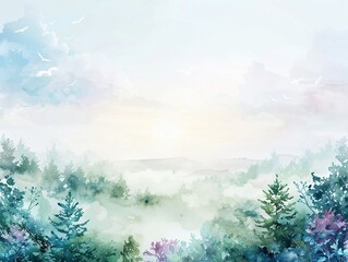 Serene watercolor landscape depicting a misty forest at dawn with birds soaring over the treetops