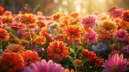 Close-up of a field of colorful flowers in bloom with a warm sunlight.