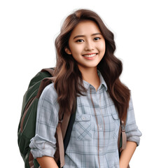 Portrait of a happy young Asian woman with backpack, isolated on transparent background.
