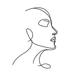 Minimalist silhouette of a girl's face in one line on a white background.