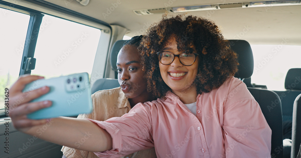 Sticker Selfie, social media and friends in car for road trip, travel or journey together on summer vacation. Smile, profile picture and pout with young women on mobile app in vehicle for holiday transport