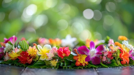 A vibrant Hawaiian lei made of colorful flowers and green leaves is displayed on an outdoor table with natural lighting.
