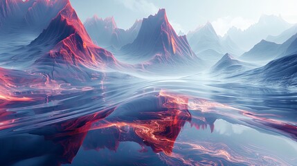 Fantasy landscape with red mountains and blue lake.