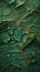 Fototapeta premium Green leaf texture with raindrops.