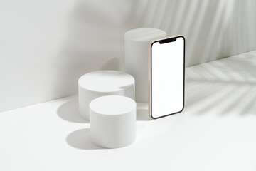 White blank screen smart phone mockup, template with geometric pedestal
